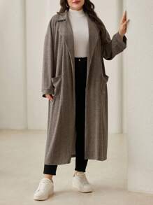 Mulvari 大码女式纯色翻领长袖休闲宽松长款夹克，秋冬 - 彩色 - 查看 5