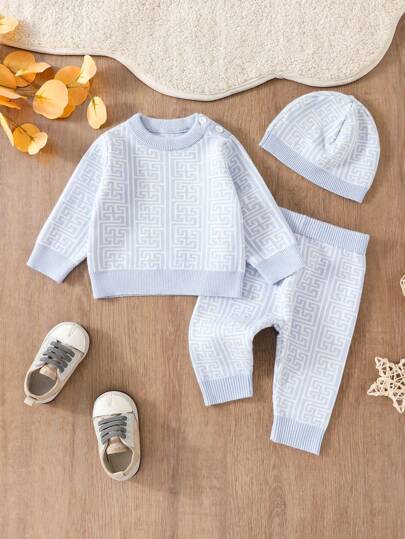SHEIN Vintaside Kids 3pcs Baby Boy Autumn/Winter Graphic Round Neck Sweater, Pants And Hat Set - Stretchy, Soft Fabric, Solid Color Knit, Fashionable Casual Collegiate Style, Suitable For Home Daily Wear And Outings