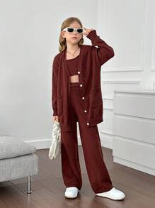Tween Girl Loose Cardigan, Tight Tank Top & Leggings 3 Piece Knit Set - Coffee Brown - View 1