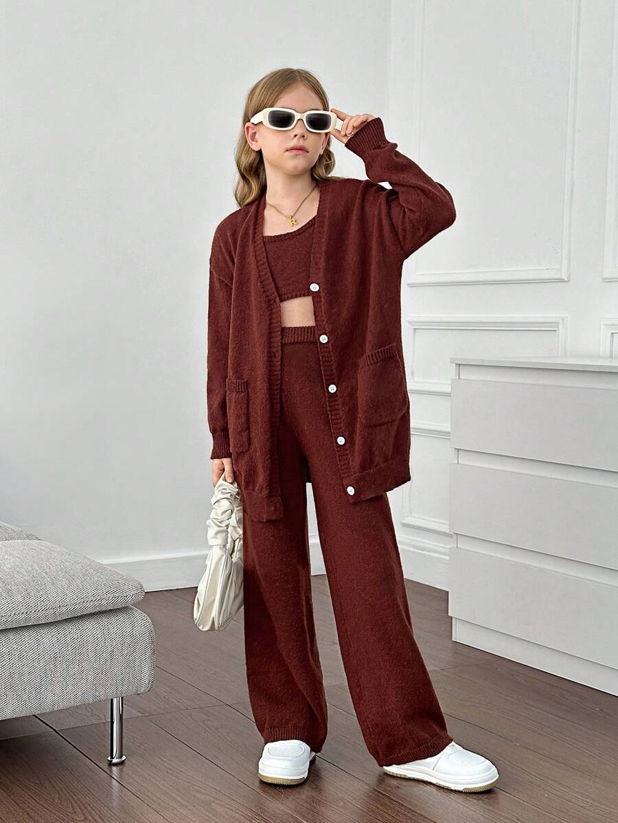 Tween Girl Loose Cardigan, Tight Tank Top & Leggings 3 Piece Knit Set - Coffee Brown - View 1