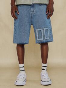 SUMWON 带数字贴花的水洗毛边牛仔短裤 - 藍色 - 查看 1