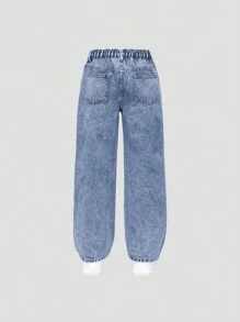 SHEIN Tween Girl 浅水洗蓝色简约百搭喇叭牛仔裤 - 中等水洗藍 - 查看 2