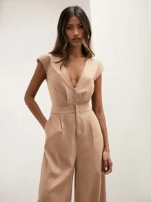 COSMINA Bộ đồ liền thân tối giản cổ chữ V màu trơn dành cho nữ, mặc thường ngày - Màu Khaki - Xem 7