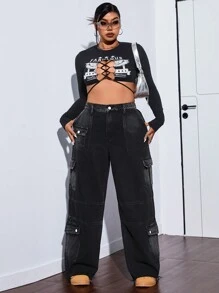 SHEIN ICON Plus Size Front Button Pocket Casual Denim Jeans - Black - View 6