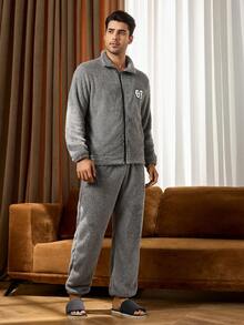 男士字母贴片拉链长袖上衣和裤子家居服套装 - 深灰色 - 查看 7