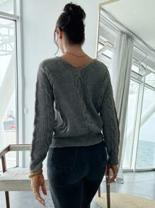 SHEIN Privé Women's V-Neck Cable Knit Long Sleeve Sweater, Casual Daily Wear - Grey - View 2