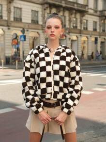 SHEIN 青少年（女孩）休闲复古格子拉链泰迪熊短夹克 - 彩色 - 查看 1