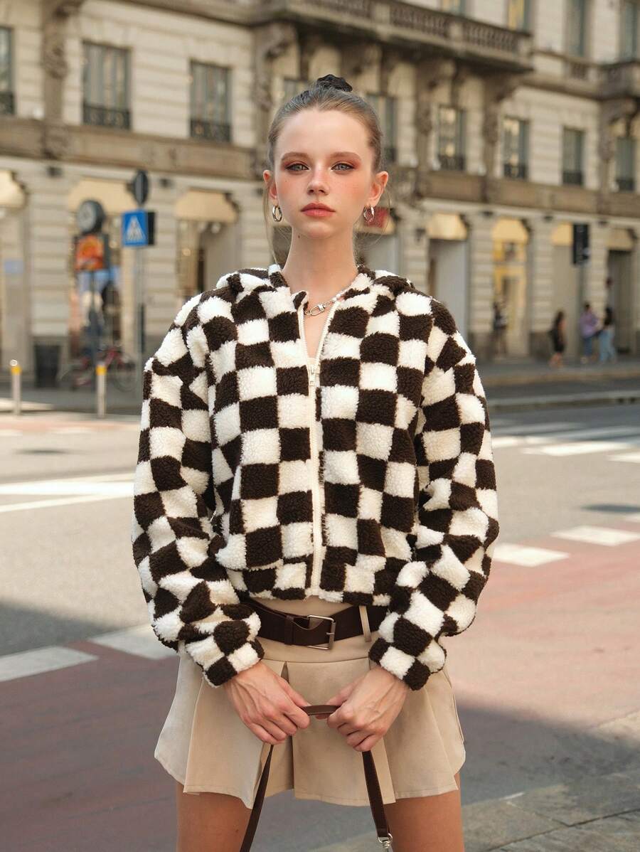 SHEIN 青少年（女孩）休闲复古格子拉链泰迪熊短夹克 - 彩色 - 查看 1