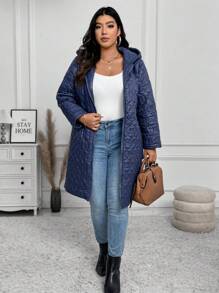 SHEIN LUNE Plus Size Quilted Midi-Length Loose Zip-Up Hooded Padded Coat, Autumn/Winter