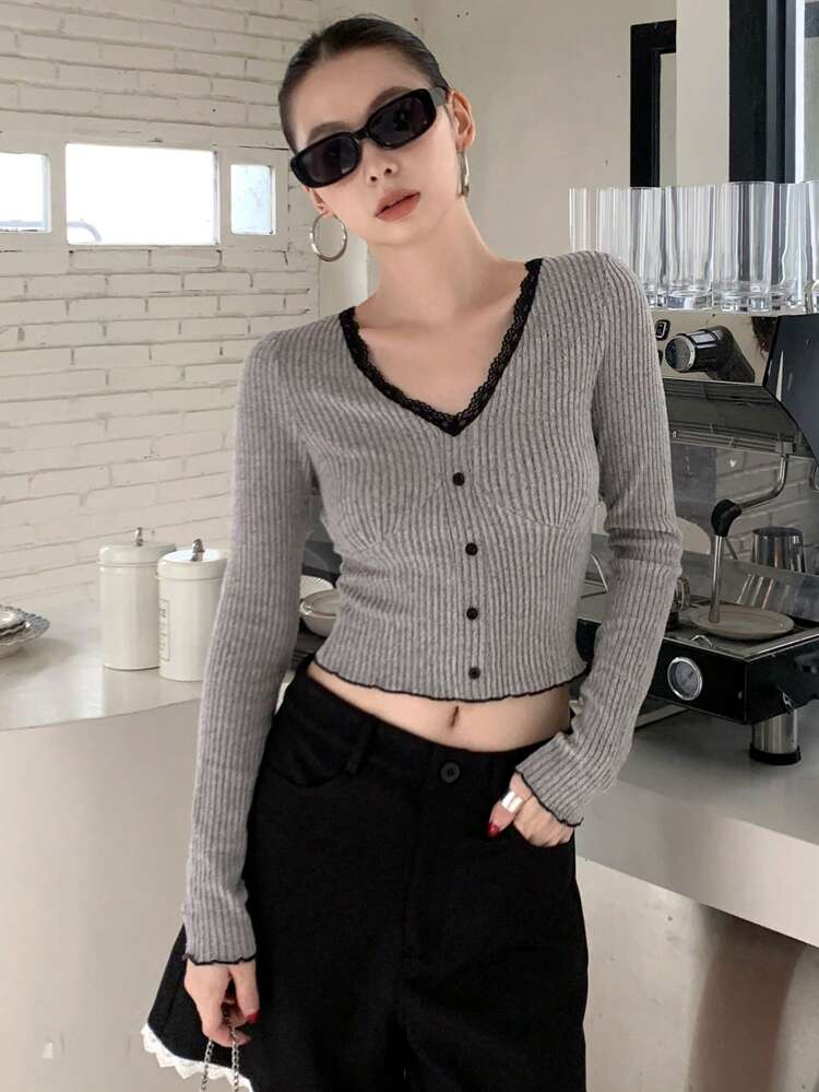 Women's V-Neck Lace Contrast Button-Up Fitted Blouse T-Shirt Going Out Tops Long Sleeve Women Tops