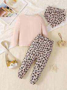 Bộ 3 bộ đồ liền quần dài tay in họa tiết gấu và da báo dễ thương cho bé gái sơ sinh, quần và yếm, vừa vặn thoải mái - Nhiều màu - Xem 2