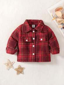 Baby Boy Plaid Printed Shirt With Flip-Over Detail - Burgundy - View 1