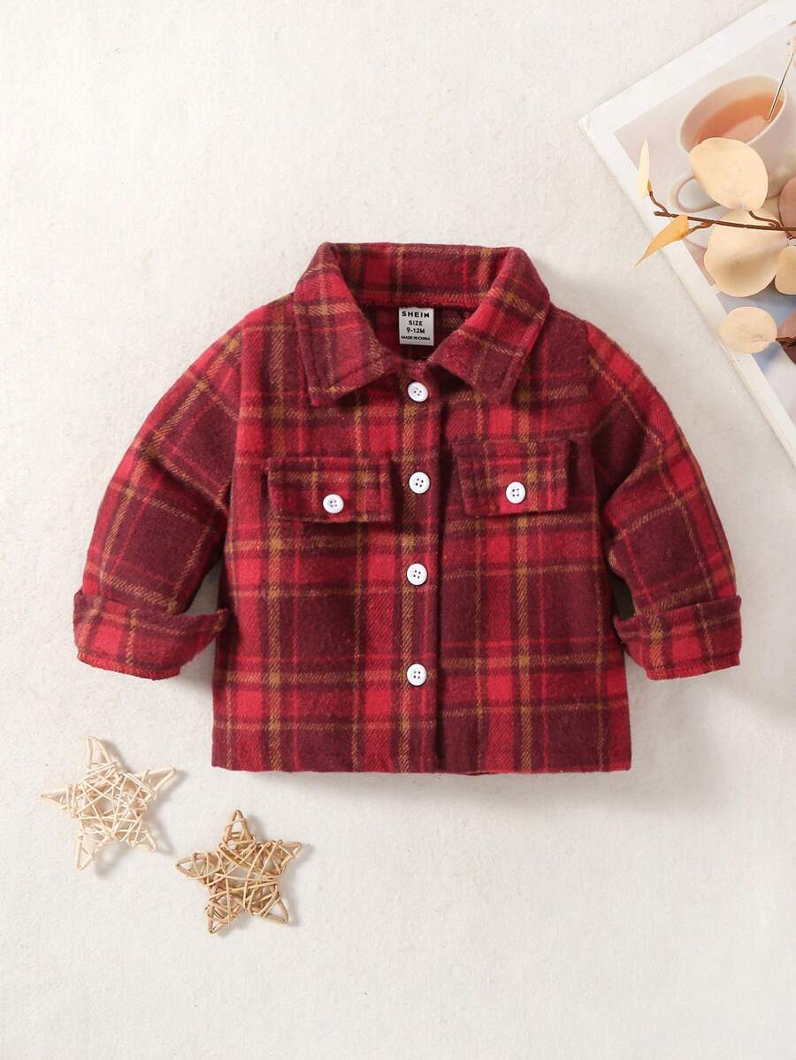 Baby Boy Plaid Printed Shirt With Flip-Over Detail - Burgundy - View 1