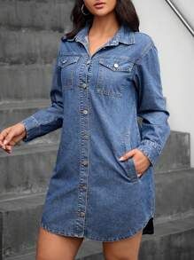SHEIN Essnce Sukienka damska z długim rękawem i guzikami z przodu i kieszenią w jednolitym kolorze z dżinsu - Średni jeans - Zobacz 3