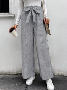 SHEIN LUNE Women's Casual High Waist Black & White Striped Pocket Wide Leg Pants