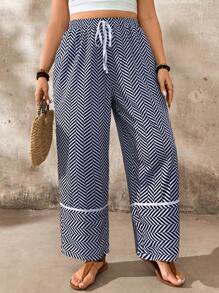 EMERY ROSE Plus Size Women's Vacation Waist-Tied Herringbone Print Pocket Wide Leg Loose Casual Pants Fall Cloth For Women - Blue - View 3