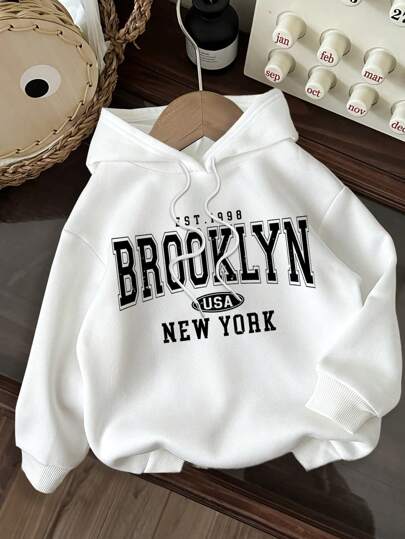 SHEIN EZwear Casual Minimalist "New York Brooklyn" Print Hooded Long Sleeve Loose Fit Thick Pullover Sweatshirt For Women, Suitable For Autumn/Winter,Long Sleeve Tops Hoodie