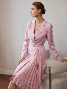 MOTF PREMIUM MIDIKLEID MIT REVERSKRAGEN, PLISSIERTEM EINSATZ, SCHNALLE UND GÜRTEL