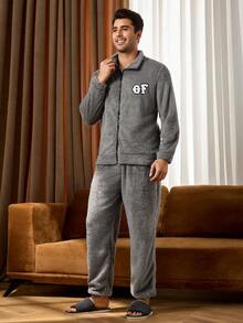 男士字母贴片拉链长袖上衣和裤子家居服套装 - 深灰色 - 查看 4