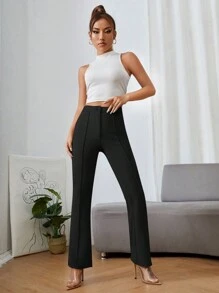 SHEIN PETITE Solid Color Comfortable Casual Flared Pants ,Petite Women - Black - View 3
