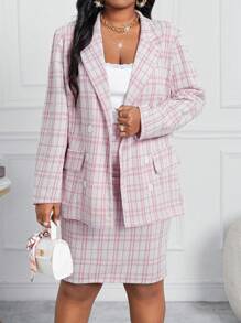 SHEIN Lady Autumn And Winter Elegant Pink Knitted V Neck Long Sleeve New Product Women Two-Piece Outfits Plus Size Fluffy Coats Two Piece Fall Outfits Women Skirt Set Blazer Set