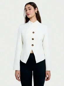 AiiRZ Structured Button Down Cut Away Front Open Back Cut-Out Long Sleeve Blazer Jacket - White - View 1