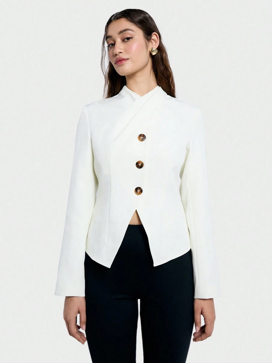 AiiRZ Structured Button Down Cut Away Front Open Back Cut-Out Long Sleeve Blazer Jacket - White - View 1