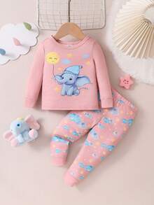 2pcs Baby Girls Cute Elephant Glow In Dark Snug Fit Long Sleeve Top And Pants Sleepwear Set - Multicolor - View 3