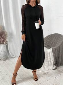 SHEIN Clasi Lace Long Sleeve Dress, Hooded, Dolman Sleeve, Thigh High Slit Fall Cloth For Women - Black - View 3
