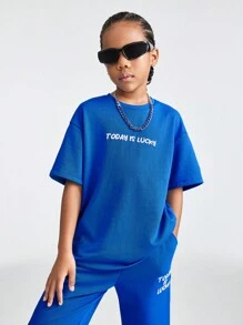 SHEIN Tween Girl Loose Fit Sports Round Neck Short Sleeve T-Shirt And Jogger Pants Set With Letter Print