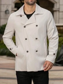 Manfinity Homme Men's Lapel Double-Breasted Long Sleeve Button Design Stylish High-End Trench Coat - Beige - View 5