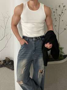 DAZY Men Solid Round Neck Sleeveless Casual Top, Fall - White - View 4