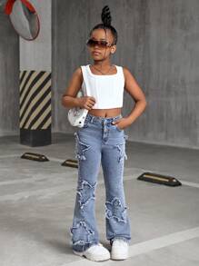 SHEIN Jeans acampanados de denim con patrón de estrellas lavado a piedra y deshilachados para niñas preadolescentes, conjunto de ropa de otoño y atuendos de homecoming para niñas preadolescentes