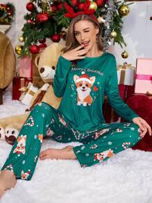 Christmas Cartoon Dog Pattern Women Pajama Set, Fall Winter Clothes - Green - View 5