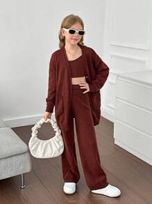 Tween Girl Loose Cardigan, Tight Tank Top & Leggings 3 Piece Knit Set - Coffee Brown - View 4