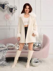 优雅奢华少女蓬松针织 A 字长袖中长外套，秋冬，圣诞节 - 米色 - 查看 6