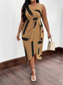 SHEIN LUNE Plus Size Casual Paintbrush Print Sleeveless Dress, Summer - Brown - View 1
