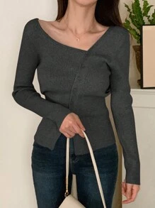 DAZY Women's Solid Color Asymmetrical Neck Fitted Elegant Sweater,Fall Clothes