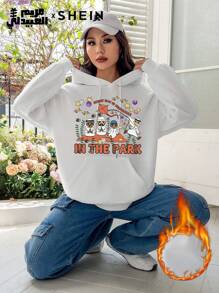 Mulvari Women's Casual Simple "IN THE PARK" Pattern Hooded Long Sleeve Loose Thickened Sweatshirt, Autumn/Winter, Casual Comfy Pullover Top Outfit