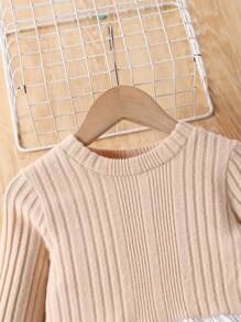 SHEIN Bộ 2 áo thun dài tay cổ tròn phối màu đơn giản cho bé gái, có gấu nhún bèo và quần dài, xuân thu - Màu be - Xem 7