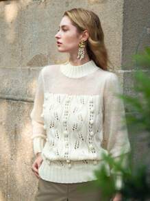 Anewsta Women's Solid Color Round Neck Long Sleeve Elegant Hollow Out Knit Sweater, Autumn/Winter, Knit Pullover Fall - White - View 1