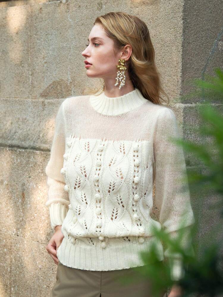 Women's Solid Color Round Neck Long Sleeve Elegant Hollow Out Knit Sweater, Autumn/Winter, Knit Pullover Fall