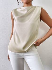 Chiquease Áo cánh tối giản không tay bằng vải satin trơn màu - Màu be - Xem 5