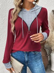 SHEIN LUNE Texture Splice Hooded Zip-Up Casual T-shirt voor dames