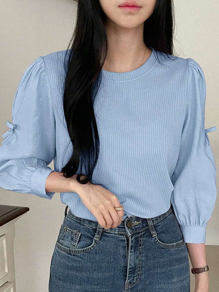 Women's Solid Color Crew Neck 3/4 Sleeve Patchwork Pullover Blouse, Spring & Autumn,Long Sleeve Tops