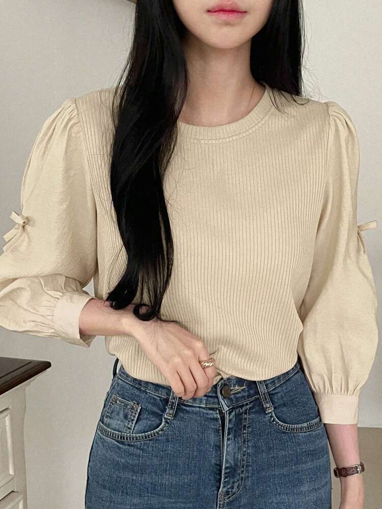 Women's Spring/Autumn Solid Color Round Neck 3/4 Sleeve Patchwork Pullover Shirt Long Sleeve Top