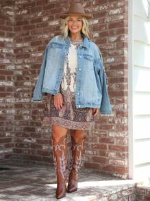 SHEIN LUNE Placement Print Round Neck Long Sleeve Plus Size Dress - Multicolor - View 5