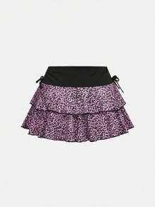 SHEIN Girlism Váy xếp ly họa tiết da báo thường ngày cho bé gái tuổi teen có viền xếp nếp và quần short lót - Màu Lilac Tím - Xem 2