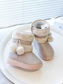 1 Pair Kids Boots, Khaki Color Plush Fur Ball Snow Boots, Soft Sole Anti-Slip, Mid-CaBootsoendy Design Suitable For Boys & Girls Outdoor, Party, Travel, Winter