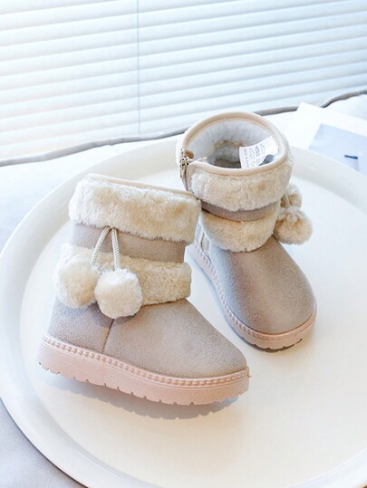 1 par de botas para niños, botas de nieve color caqui con bola de peluche, suela blanda antideslizante, diseño hasta la pantorrilla adecuado para niños y niñas para uso en exteriores, fiestas, viajes e invierno